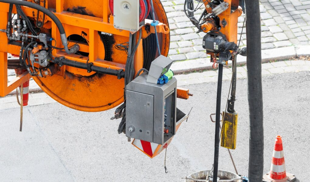 Pipe hose sewage truck car engine emptying city street sewerage manhole. Septic cleaning vacuum