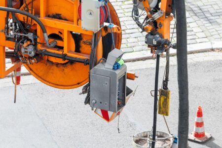 Pipe hose sewage truck car engine emptying city street sewerage manhole. Septic cleaning vacuum